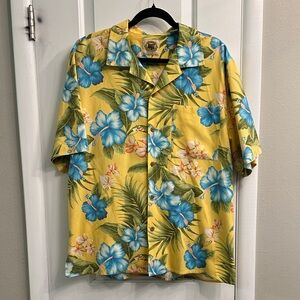 Pusser’s West Indies Men M Tropical Yellow Floral Aloha Shirt silk blend
